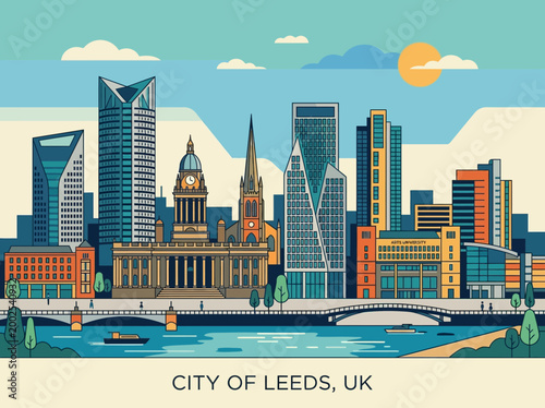 Leeds City Skyline Vector Illustration - United Kingdom Urban Landmark Panorama