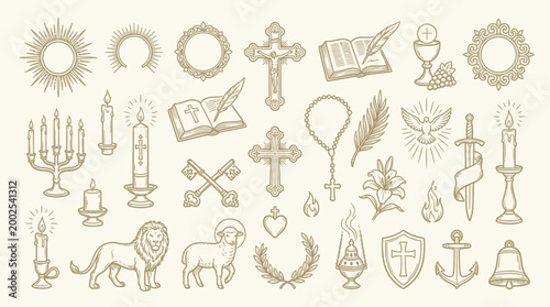 Canvastavla A collection of religious and symbolic icons, including crosses, candles, books, animals, and floral elements, rendered in a vintage, etched style