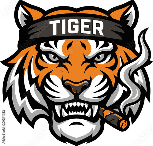 Fierce Tiger Mascot Head with Cigar and Bandana Illustration