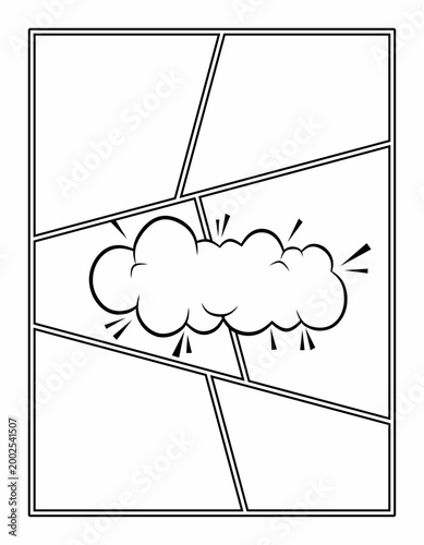 Dynamic comic panel vector with explosion burst effect in central cloud shape, perfect for action scenes, manga templates, and dramatic graphic layouts