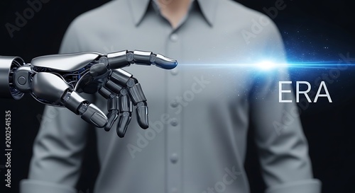 Futuristic Human and Robotic Hand Touching Digital Era Light with Technology Concept