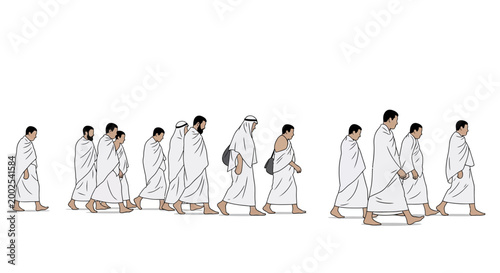Pilgrims in Ihram walking towards Mina minimal vector illustration white background