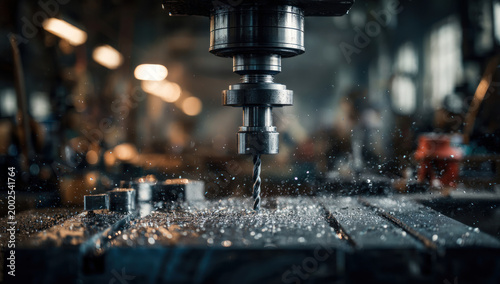 Industrial drill press machine in factory setting.