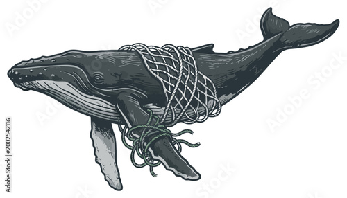 Entangled Whale Illustration Showing the Devastating Impact of Marine Debris on Wildlife