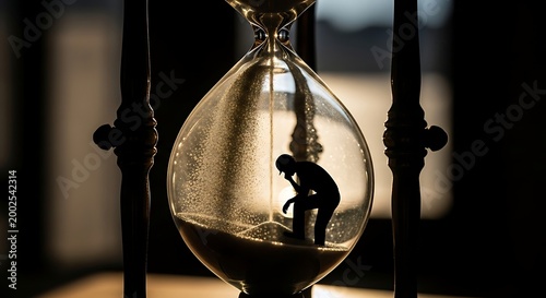 Silhouette Person Sitting Inside Large Transparent Hourglass with Sand Falling in Dark Room