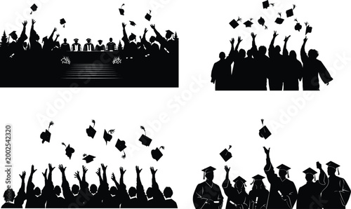 Large groups of graduates throwing their academic caps in the air to celebrate