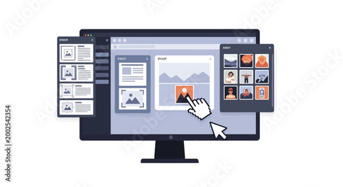 Computer screen displaying a user interface with multiple windows and a cursor.