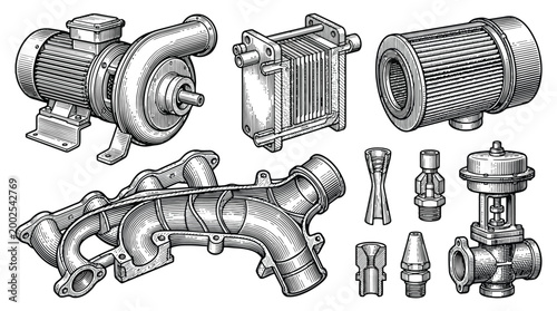Collection of automotive engine parts and components.