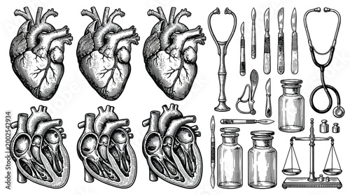 Detailed Anatomical Hearts Collage Depicting Cardiac Anatomy.