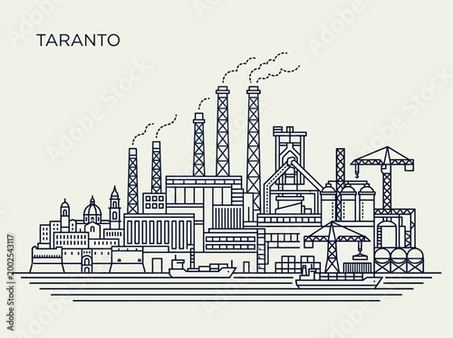 Taranto Italy City Skyline Illustration Featuring Industrial Landscape, Steelworks, and Port, Minimalist Line Art Vector Graphic of Taranto Puglia