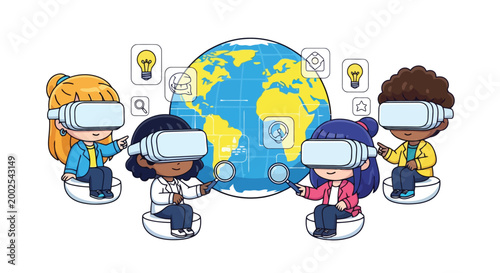 Group of people wearing VR headsets around a globe.
