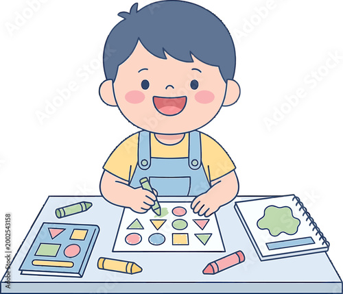 Cheerful young boy happily drawing and coloring various geometric shapes on a paper with crayons, showcasing early childhood education and creative development