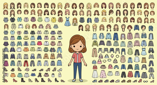 Kawaii character creator kit, cute girl avatar builder with diverse hairstyles and clothing, cartoon fashion paper doll set, vector dress up collection