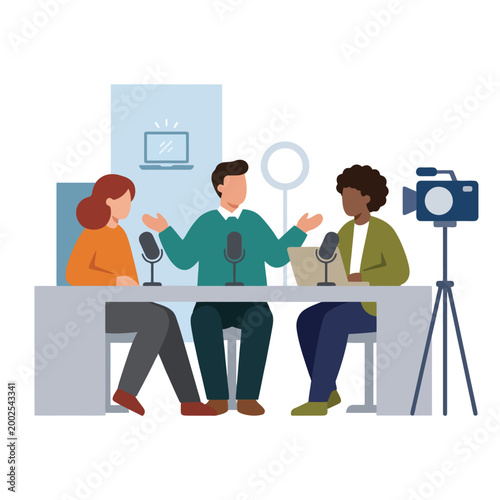 People recording a podcast in flat vector studio.
