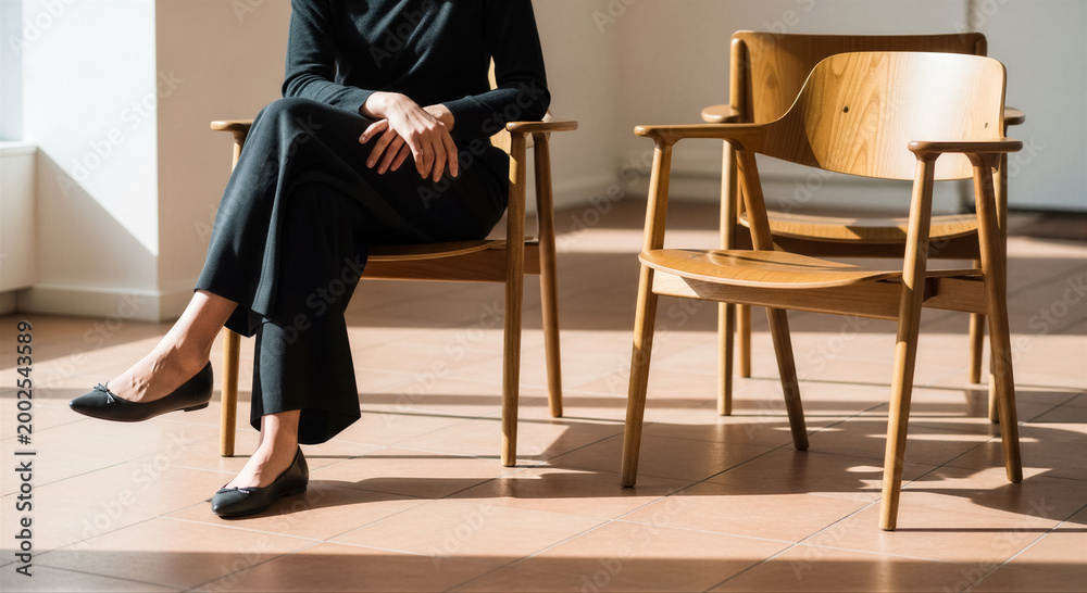 Fototapeta premium A woman in a black outfit sitting on a wooden chair in a sunlit room with another empty chair nearby