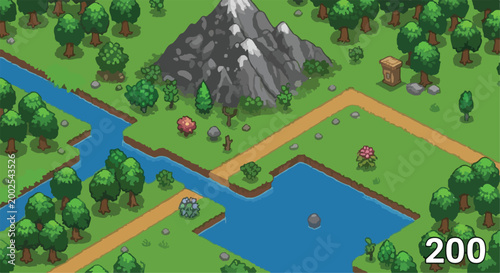 Isometric game world map with 200 elements, pixel art style nature landscape with river and mountain, cartoon forest environment vector illustration
