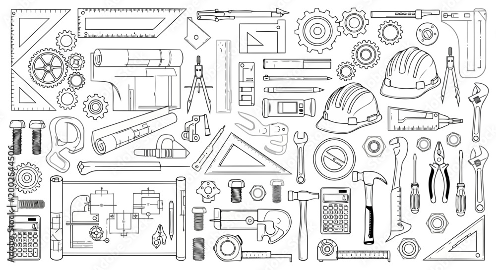 Obraz premium Flat design icons of construction and hardware tools in monochrome style.