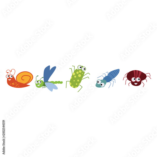 Cute Cartoon Insects Collection with Snail Dragonfly Beetle Ant Spider