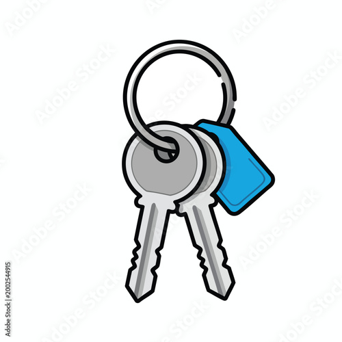 A pair of metal keys on a keychain with a blue tag.
