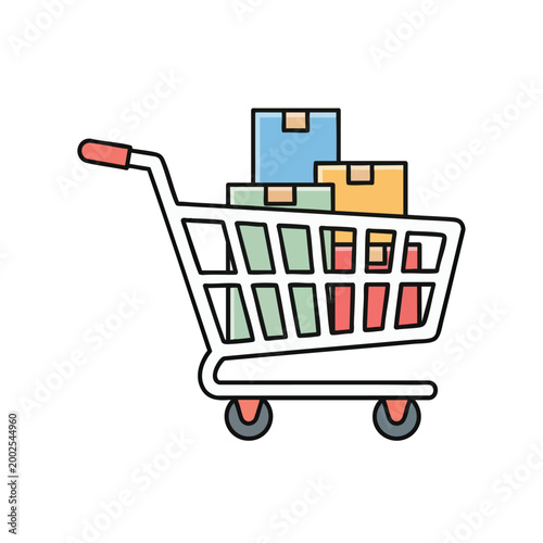 A colorful shopping cart icon filled with various cardboard delivery boxes.