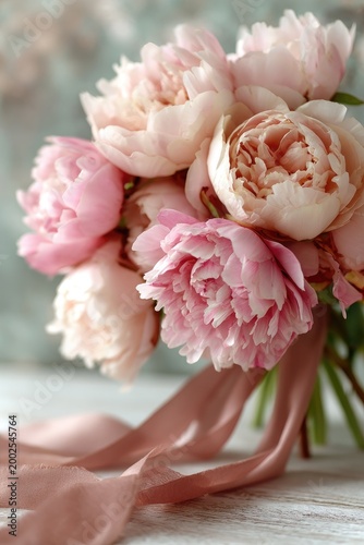 Elegant Pink Peony Bouquet with Flowing Ribbon on Rustic Wooden Table