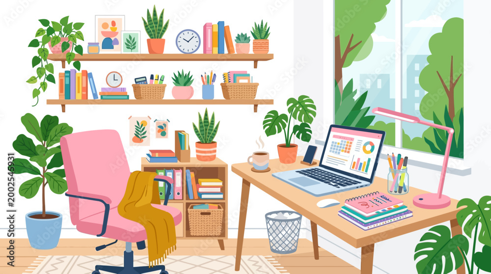 Fototapeta premium Cozy Home Office with Pink Chair and Laptop.