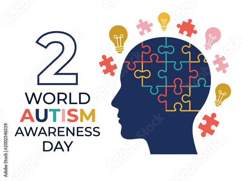 World Autism Awareness Day Illustration for April 2nd with Human Head Silhouette, Colorful Puzzle Pieces, and Lightbulbs for Neurodiversity Concept