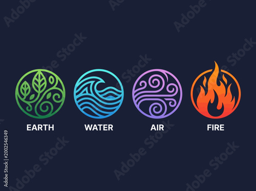 Four Classical Elements Vector Icons Set - Earth, Water, Air, and Fire Symbols in Minimalist Monoline Design with Gradients