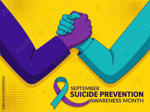 September Suicide Prevention Awareness Month Banner with Teal and Purple Ribbon and Supportive Handshake Illustration