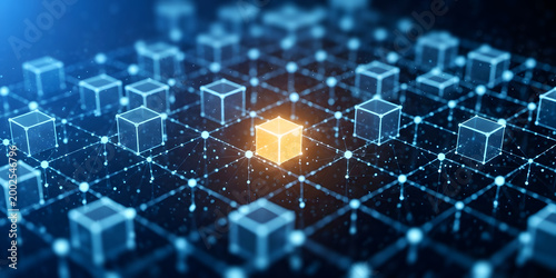 Glowing orange cube standing out in a blue network grid representing innovation leadership blockchain and unique data nodes