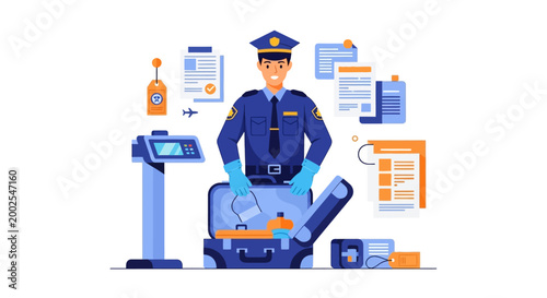 Customs Officer Inspecting Luggage at Airport Security Checkpoint.