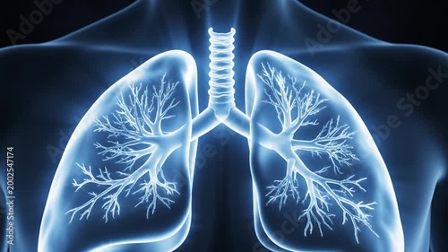 Close-up of a glowing blue human chest and shoulders, dark background, abstract medical concept.