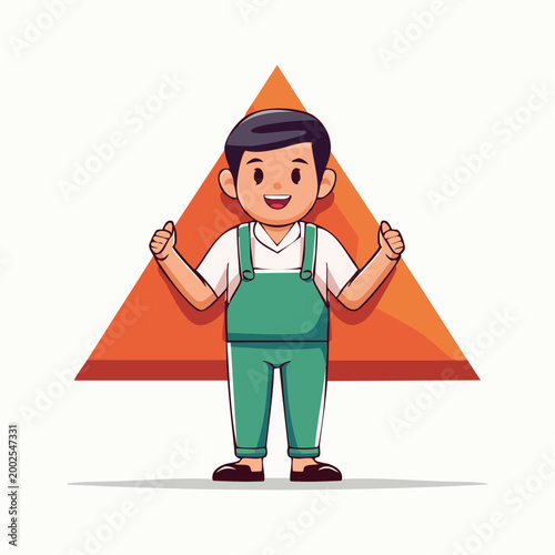Cartoon boy in green overalls giving thumbs up