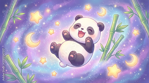 Cute Panda in Galaxy Space with Bamboo and Stars Illustration