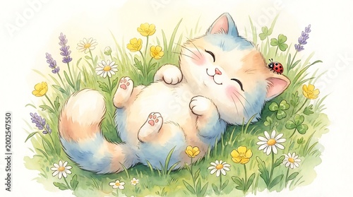 Cute Watercolor Cat Lying in Flower Meadow with Ladybug