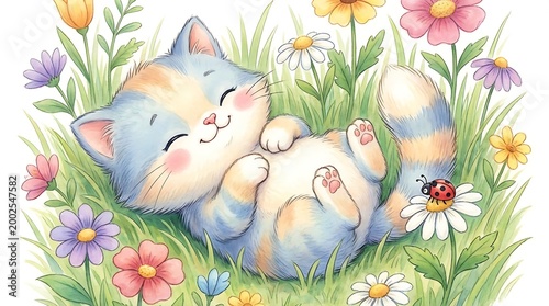 Cute Watercolor Kitten Sleeping in Flower Garden Illustration
