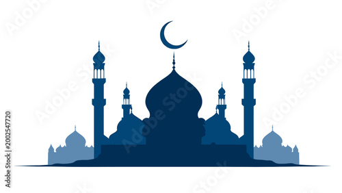 Islamic mosque silhouette with crescent moon, religious symbol of Islam, abstract architectural background