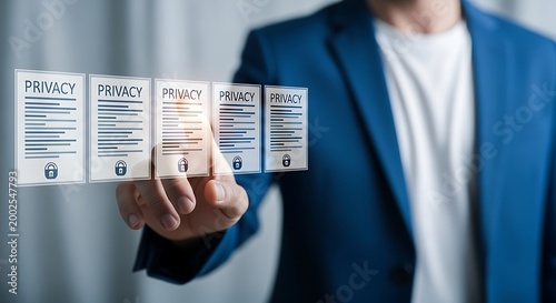 Businessman presenting virtual privacy documents with lock icons on transparent screens