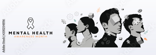 People with abstract geometric elements and gears representing mental health awareness month. This horizontal banner illustrates community support, psychological diversity, and the process of healing 