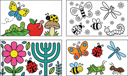 Set of cute cartoon garden insects and bugs in flat color and line art coloring page styles featuring butterfly ladybug and bee