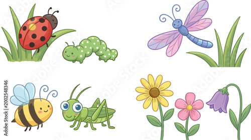Set of cute cartoon garden insects and spring flowers featuring ladybug caterpillar dragonfly bee grasshopper and colorful blossoms isolated on white background