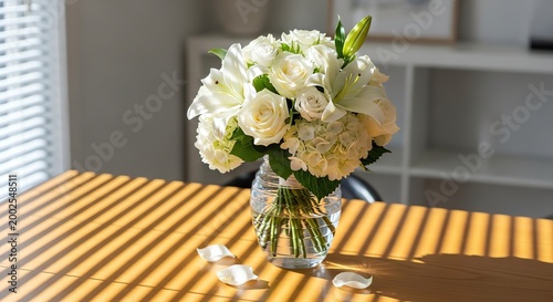 White roses bouquet, clear vase, wooden table, home decor, floral arrangement