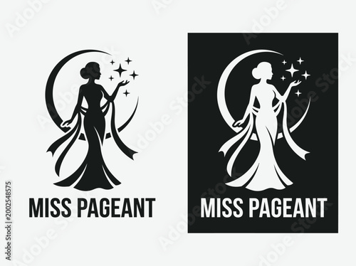 Foto Elegant Miss Pageant Logo Template featuring a Beautiful Woman Silhouette with Moon and Stars