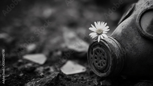 Abandoned gas mask surrounded by wildflower urban ruins photograph industrial low-angle perspective nature's resilience