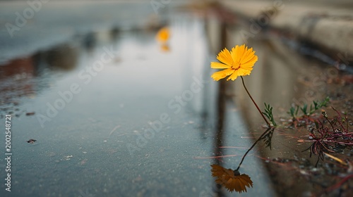Vibrant wildflower reflection in a puddle urban street nature photography calm environment close-up view beauty of nature