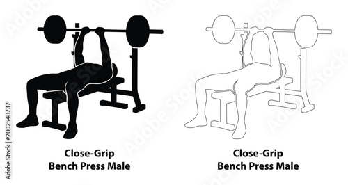 Man Black Silhouette and Outline Set Performing Close-Grip Barbell Bench Press for Triceps and Inner Chest Strength Training Illustration