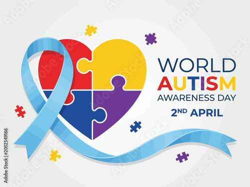 World Autism Awareness Day Graphic with Puzzle Piece Heart and Blue Ribbon for April 2nd Campaign