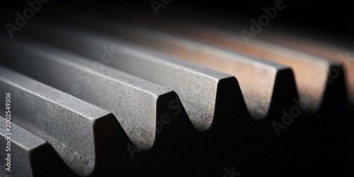 Dynamic closeup of composite timing belt gear teeth industrial setting macro photography dark environment