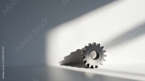 Single gear casting long soft shadow across white background minimalist photography industrial concept studio setting