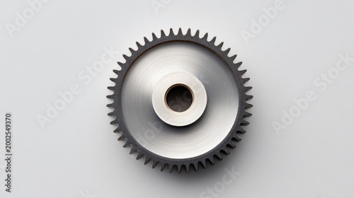 Single gear in horizontal center with wide side margins on white background industrial design product photography
